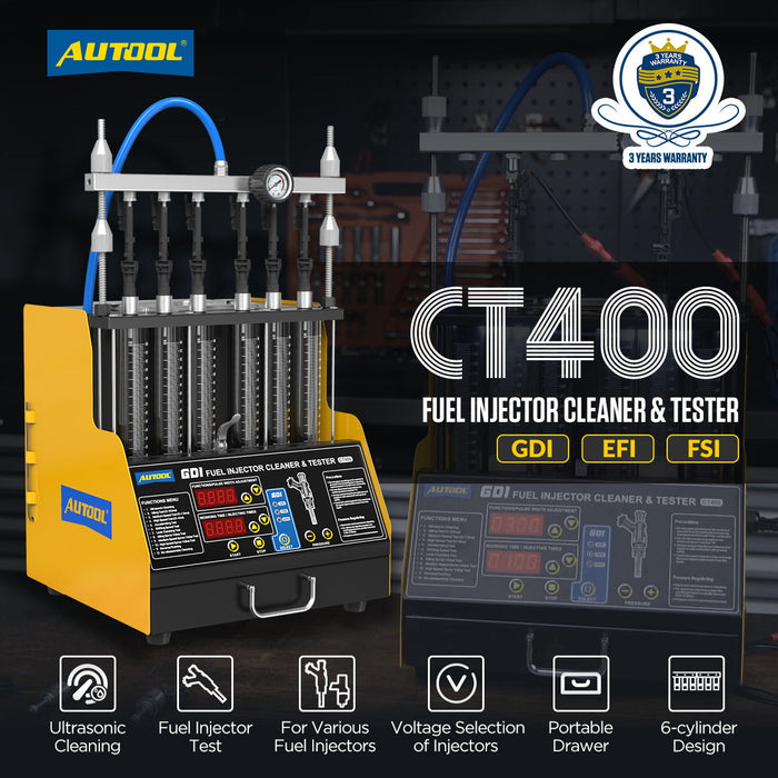 AUTOOL CT400 Fuel Injector Cleaning Tester with GDI Injector Test and Ultrasonic Cleaning & 6 Cylinders