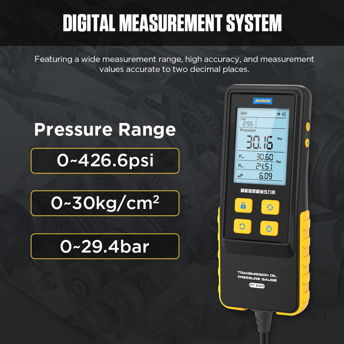 AUTOOL PT650 ATF Exchanger Transmission Oil Pressure Gauge 0-426 PSI Digital Display Automotive Tool for Motorcycle Car Truck Autool