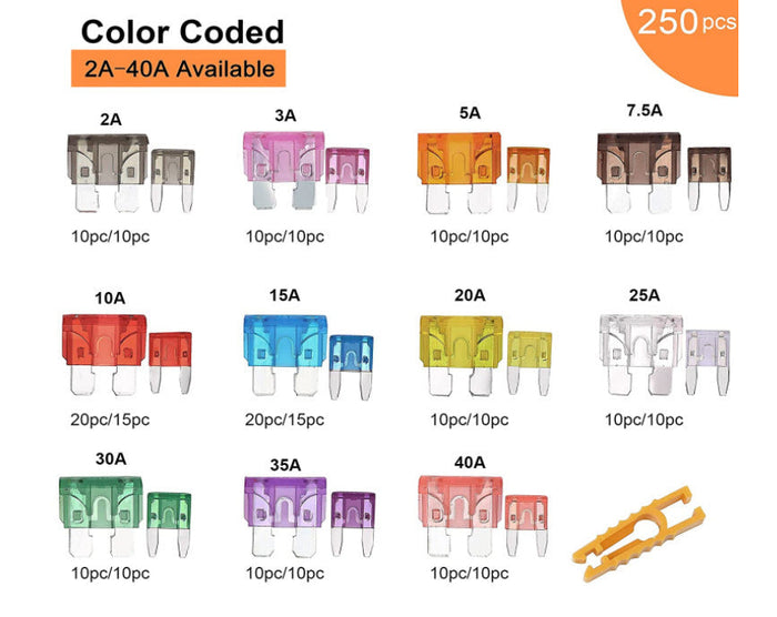 250Pcs Car Fuses Assortment Kit, Blade Fuses Standard & Mini Size FairTools