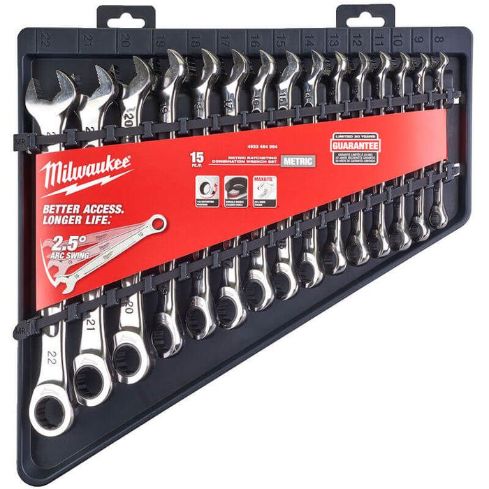 Milwaukee 15 Piece Max Bite Metric Ratcheting Combination Spanner Set FairTools
