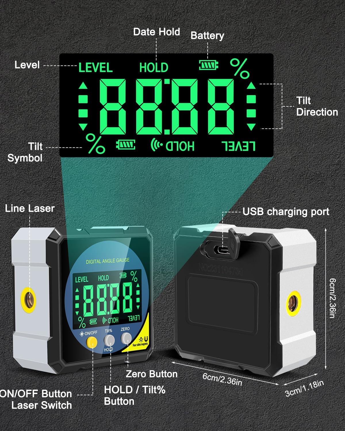 Digital Angle Finder with Electronic Laser, Protractor Inclinometer Level Ruler USB Rechargeable FairTools