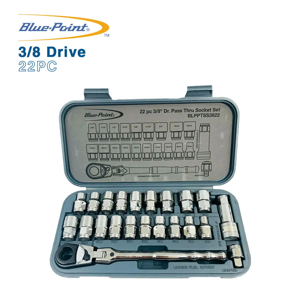 Blue Point 22 PC 3/8 Drive Pass Thru Socket Set Blpptss3822