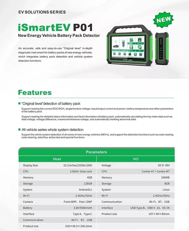 Launch SmartSafe iSmartEV P01 OBD2 Scanner For Electric Vehicles PHEV EV Cars Launch