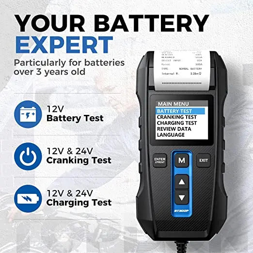 Topdon BT300P Car Battery Tester 12V 24V with Built-in Printer Spark Free Metal Clamps Topdon