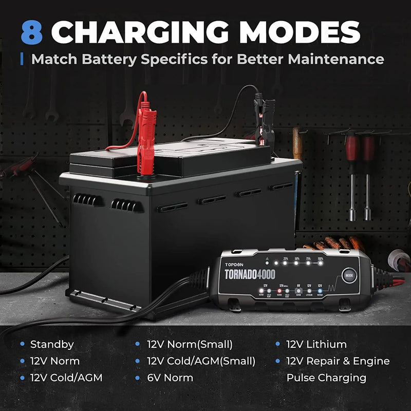 Topdon T4000 6v - 12v Intelligent Battery Charger & Maintainer - FairTools Topdon T4000 6v - 12v Intelligent Battery Charger & Maintainer