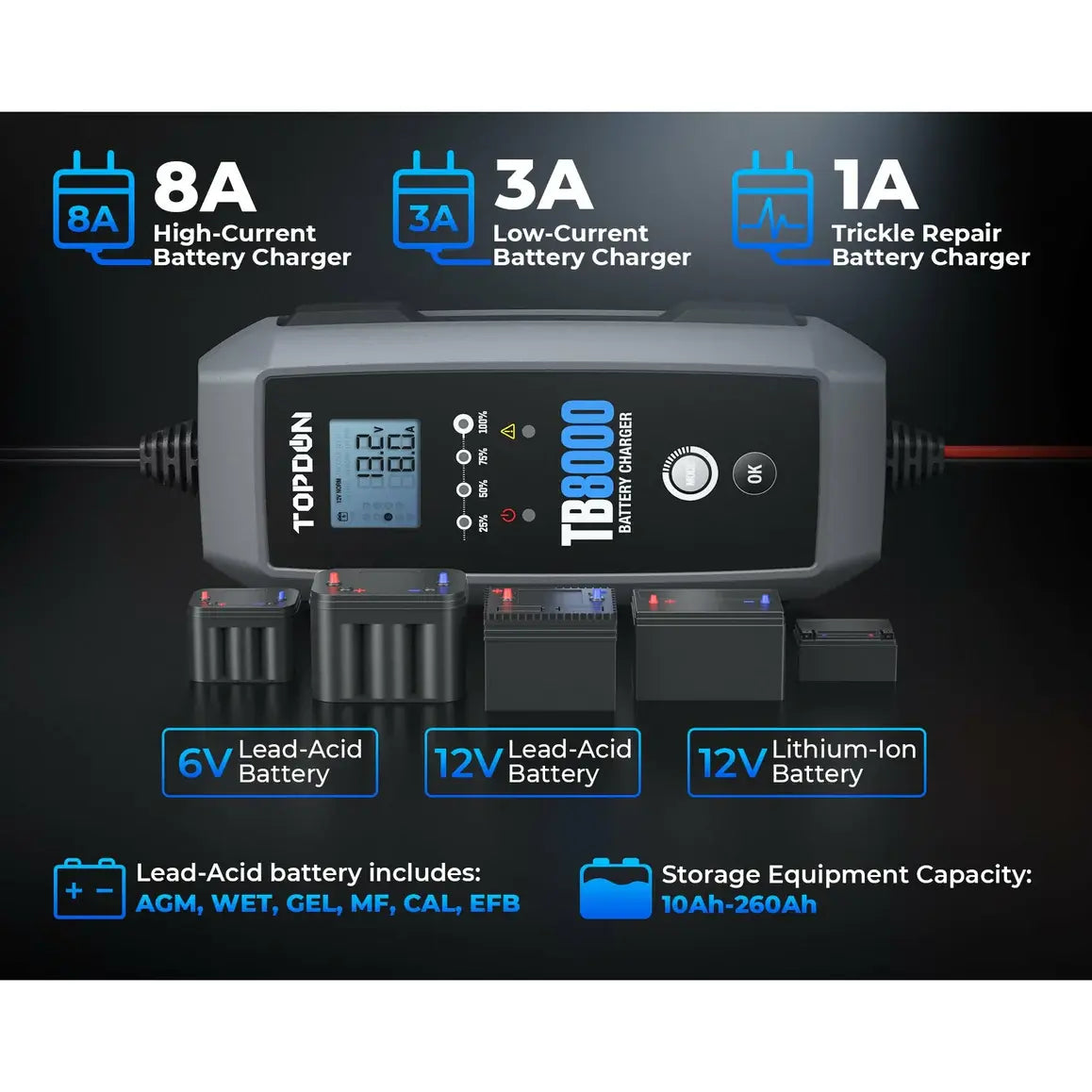 Topdon TB8000 Intelligent Pulse Agm, Wet, Gel, 12 Volt 6v-12v, 8a-3a Battery Charger Topdon