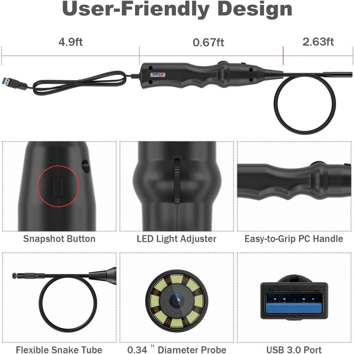 XTOOL XV100 HD Flexible Snake Inspection Videoscope Connect With XTOOL Tablet USB 3.0 - FairTools